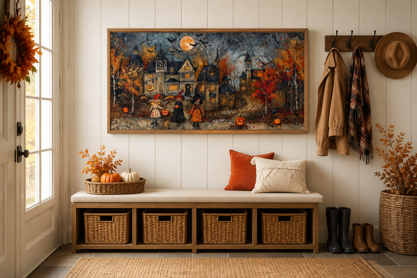 Halloween Wall Art – Cute Children Trick Or Treat Decorated Village Canvas
