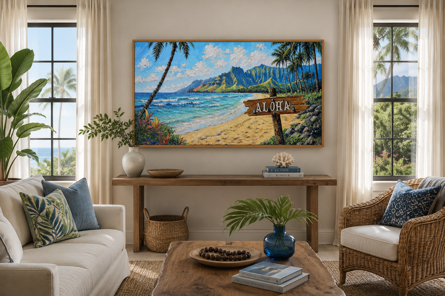 Oahu Beach Landscape With Aloha Sign Hawaii Framed Canvas Wall Art