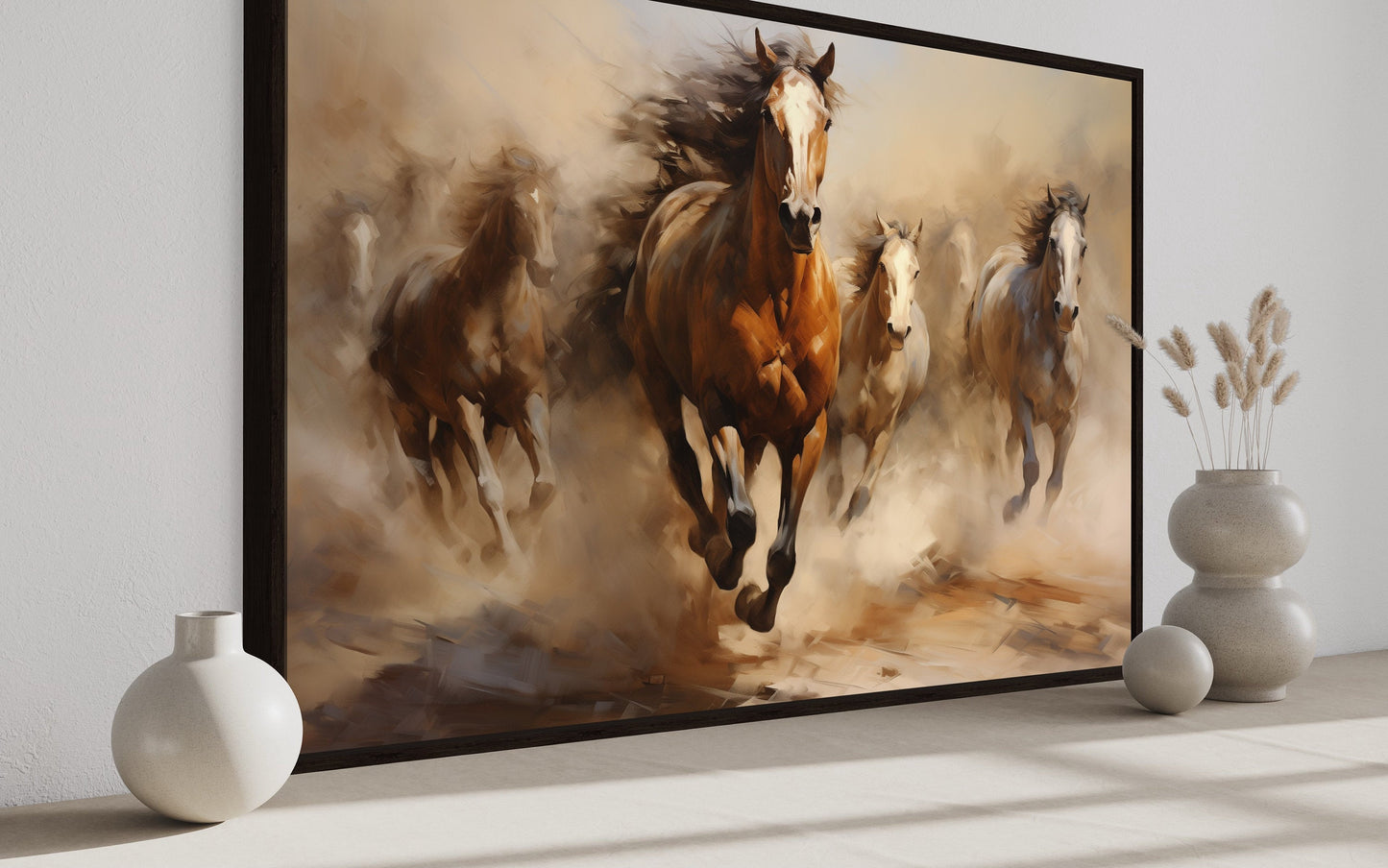 Herd of Wild Horses Galloping Framed Canvas Wall Art