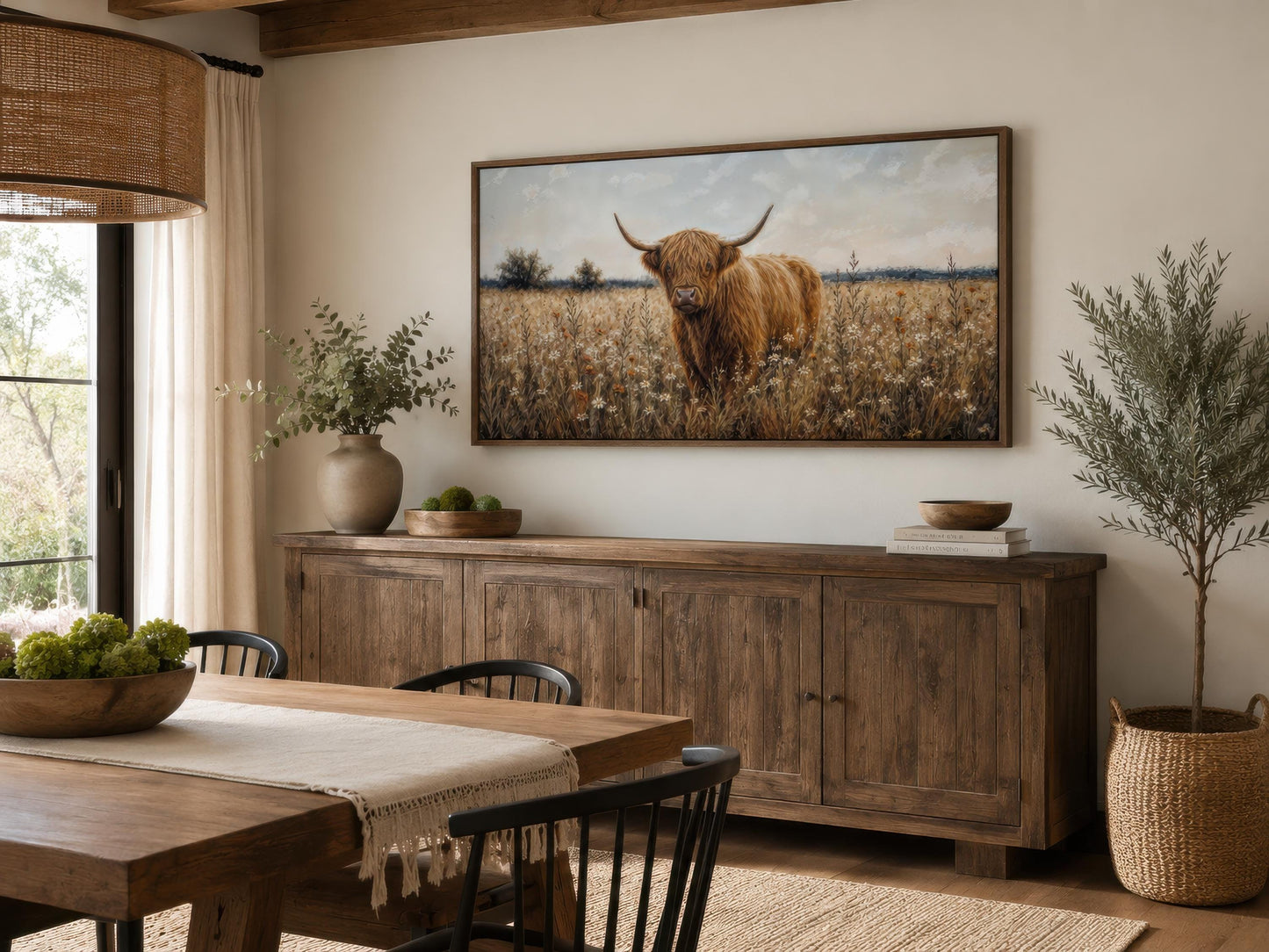 Highland Cow in Wildflower Meadow Wall Art - Rustic Farmhouse Canvas Print