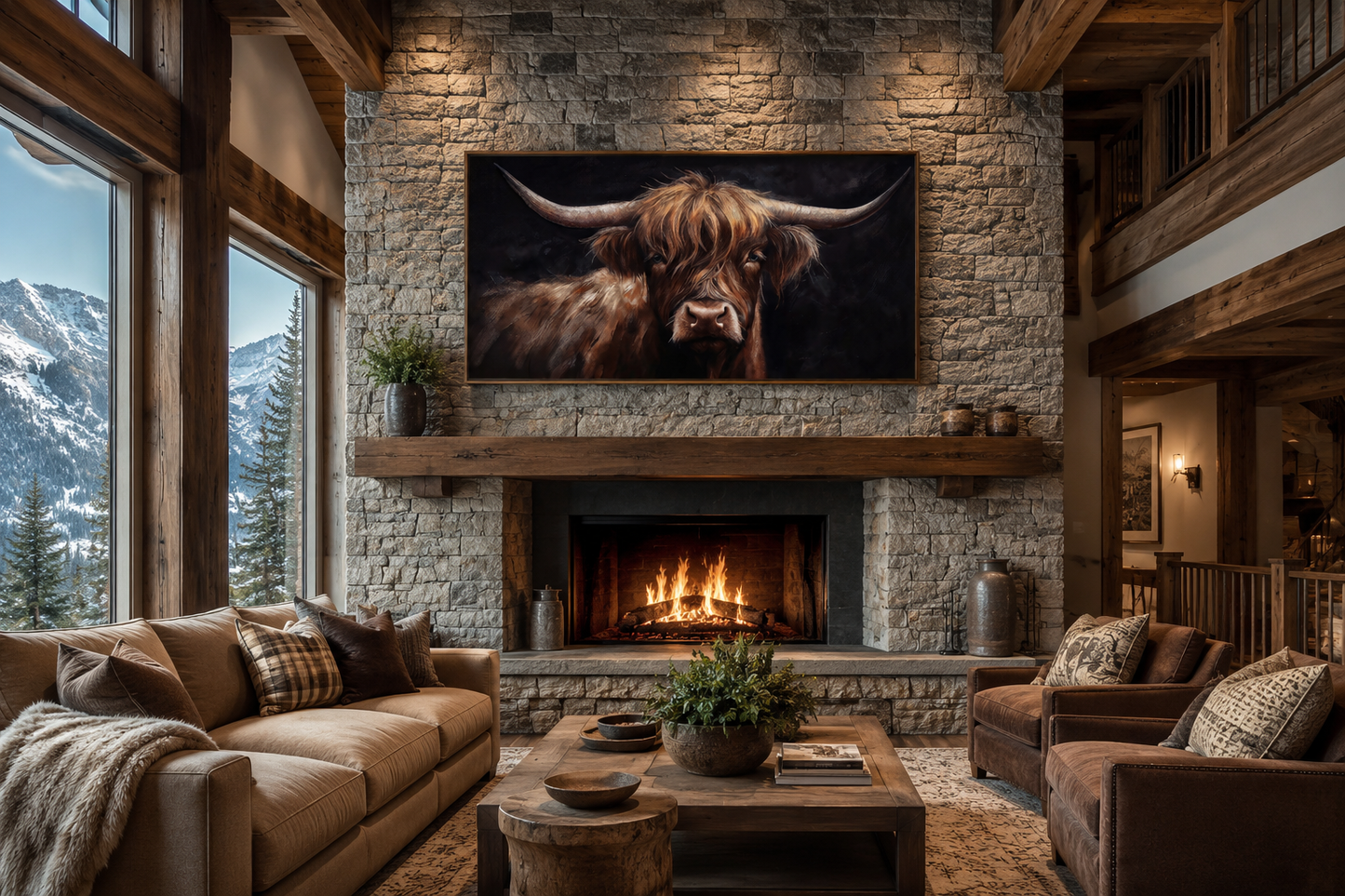 Highland Cow On Black Background Framed Canvas Wall Art Dark Farmhouse Decor
