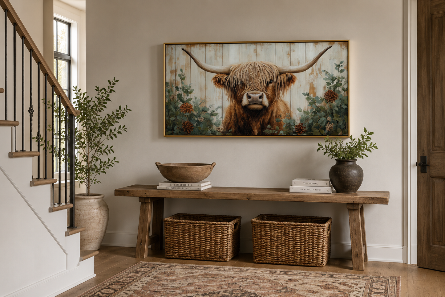 Highland Cow With Flowers Painted On Distressed Wood Framed Canvas Wall Art For Farmhouse Living Room