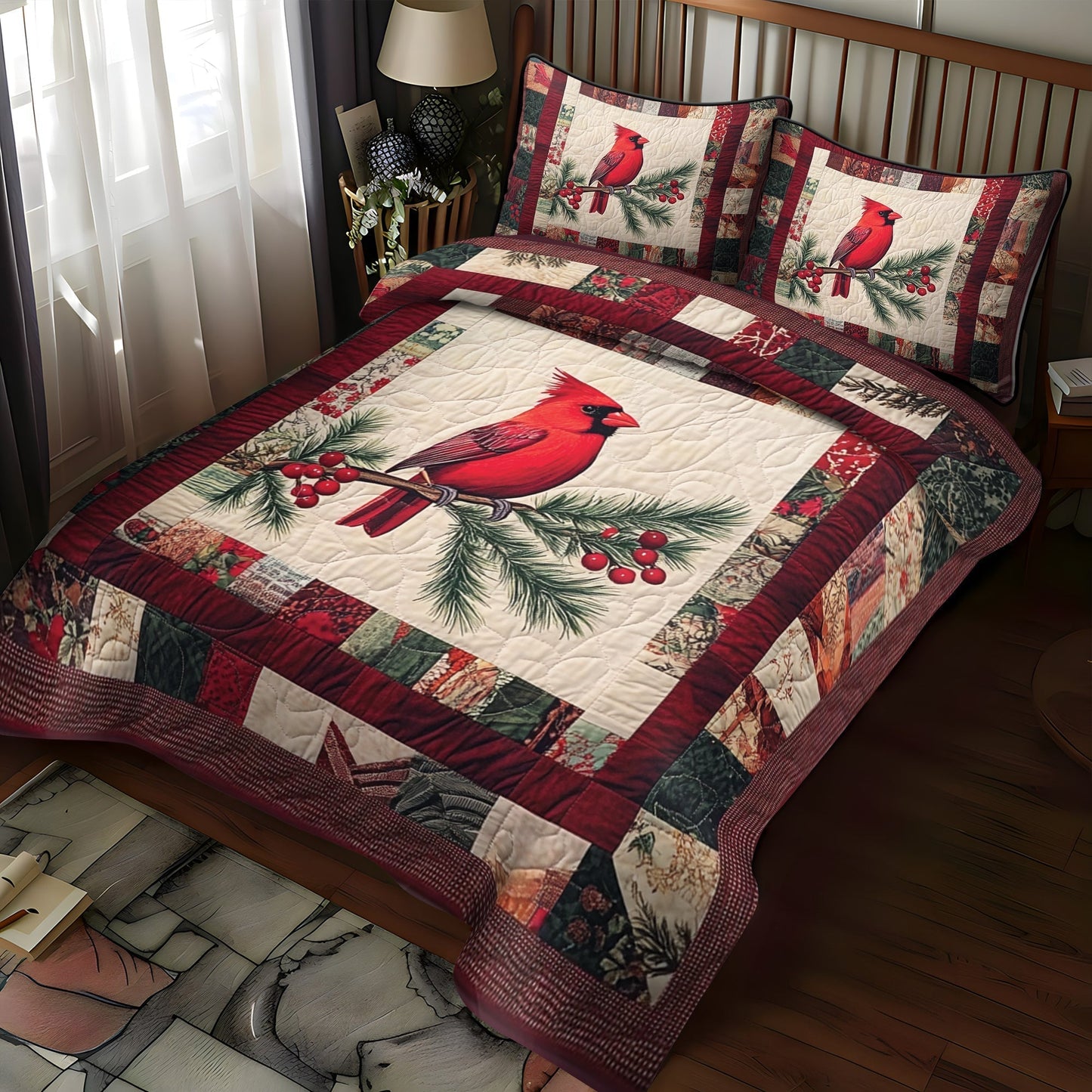 Holly Birds Quilted Bedding Set - Single (59" x 70")