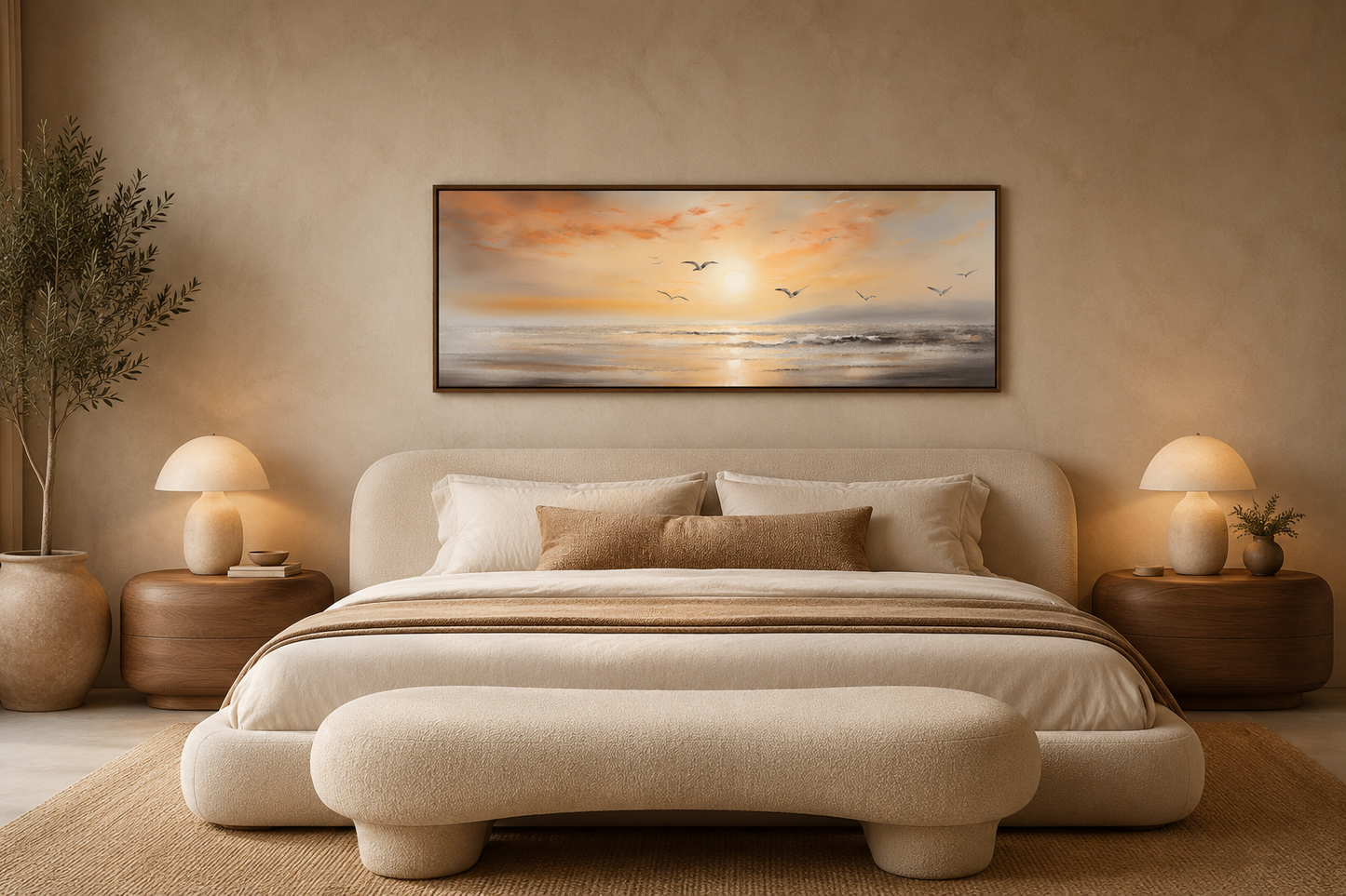 Gold And Silver Beach Sunset Seascape With Birds Narrow Horizontal Wall Art