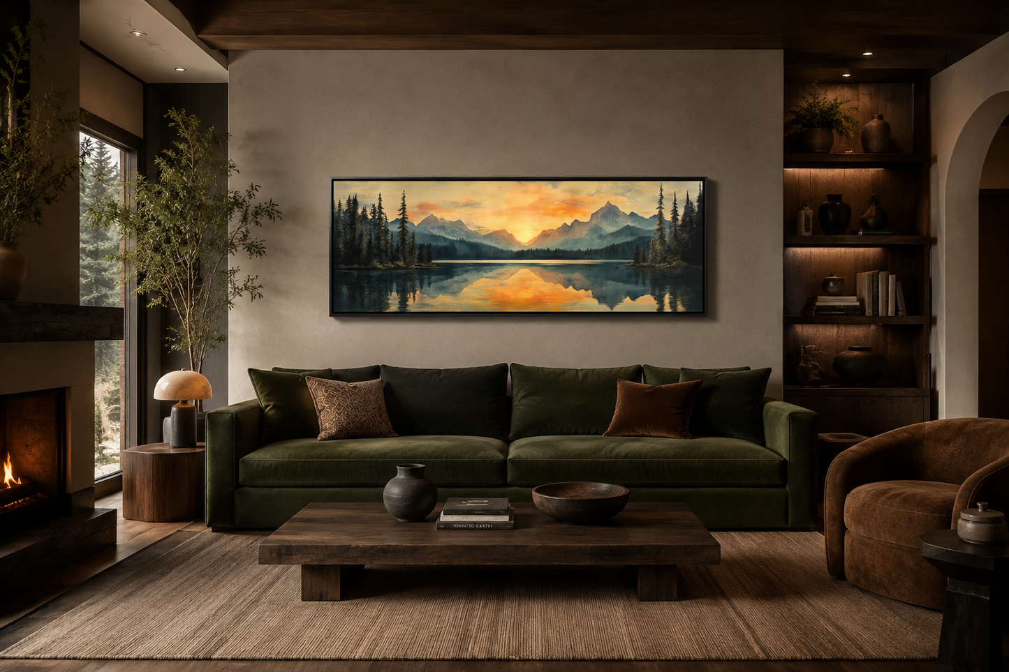 Mountain Lake Sunset Mid Century Modern Panoramic Wall Art