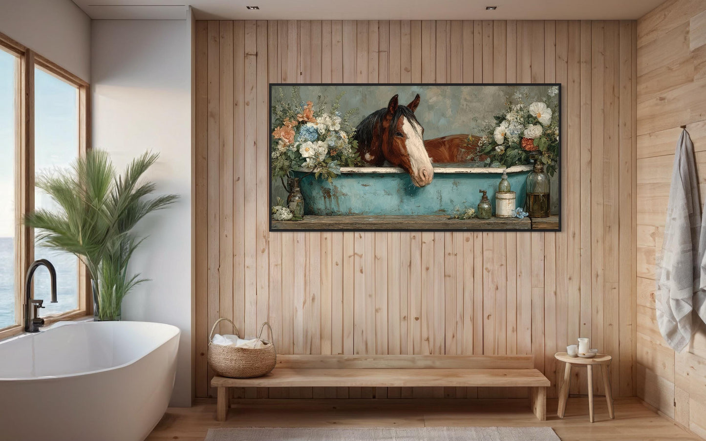 Horse In Bathtub With Flowers Canvas Wall Art