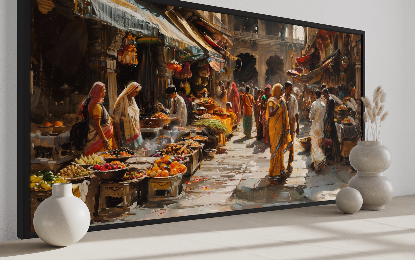 Indian Bazaar Wall Art – Vibrant Framed Canvas Print | Traditional Indian Painting