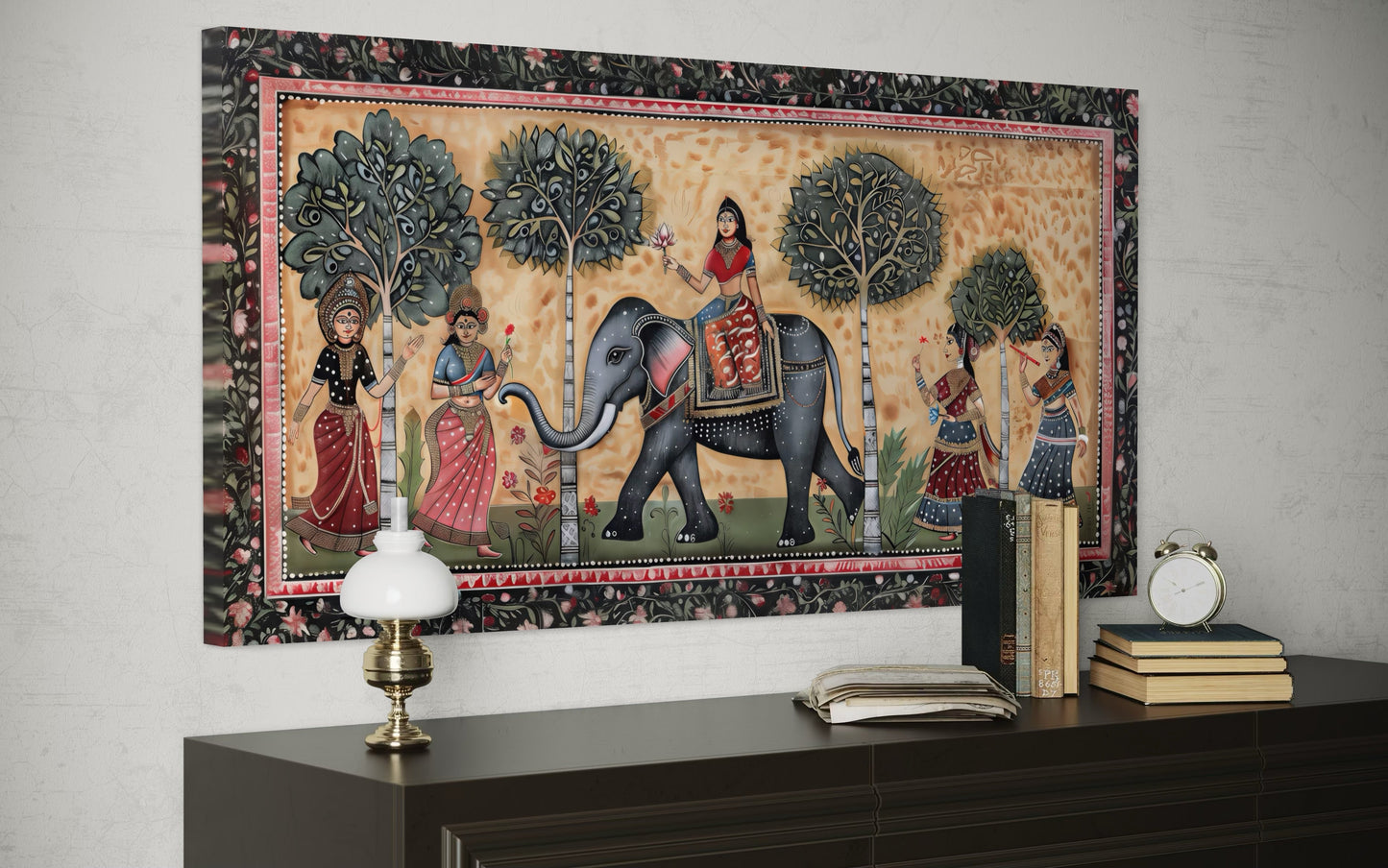 Indian Elephant Madhubani Style Painting Framed Canvas Wall Art