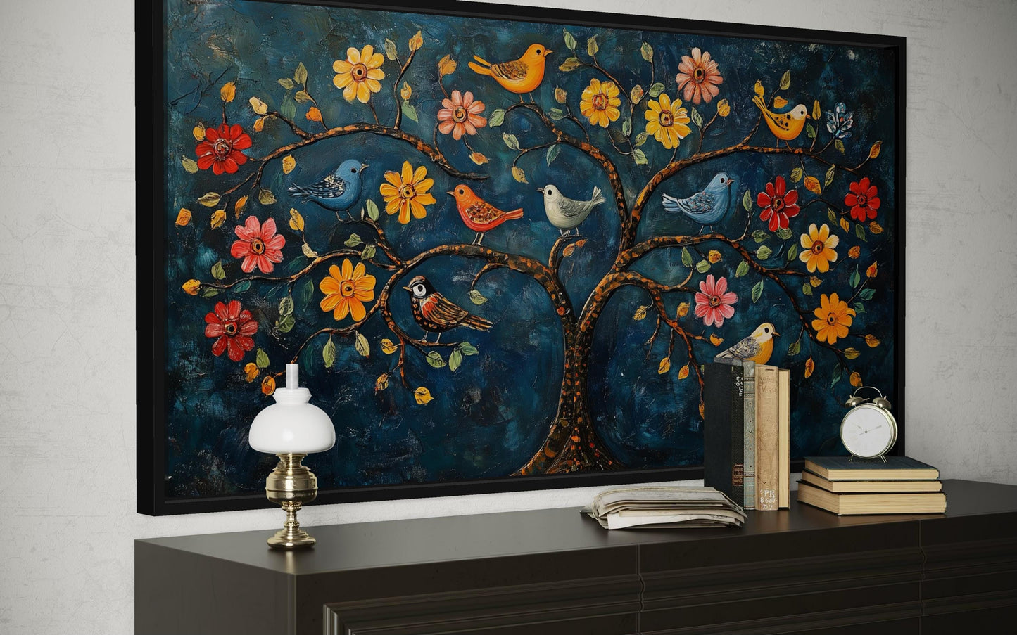Indian Madhubani Tree Of Life Canvas Wall Art With Birds And Flowers