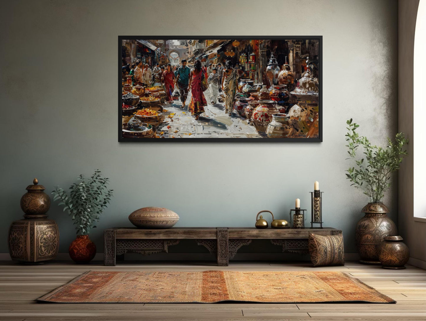 Indian Market Painting - Vibrant Bazaar Wall Art | Framed Canvas Decor