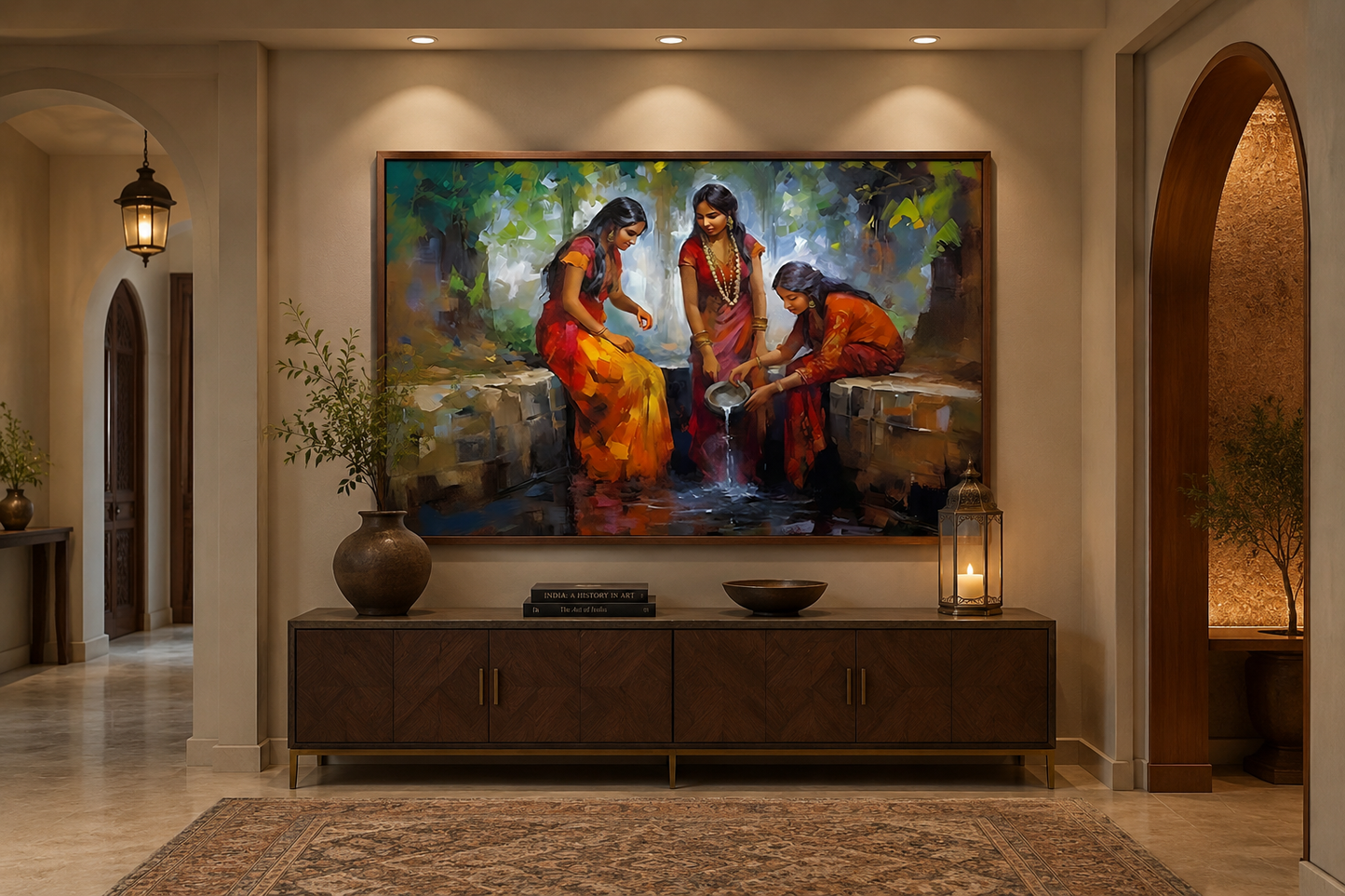 Indian Women At The Well Traditional Framed Canvas Wall Art For Indian Room Decor
