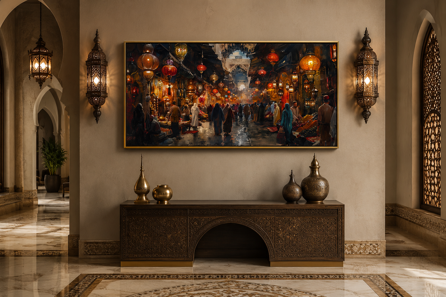 Oriental Bazaar Wall Art – Traditional Framed Market Painting Canvas for Rustic Home