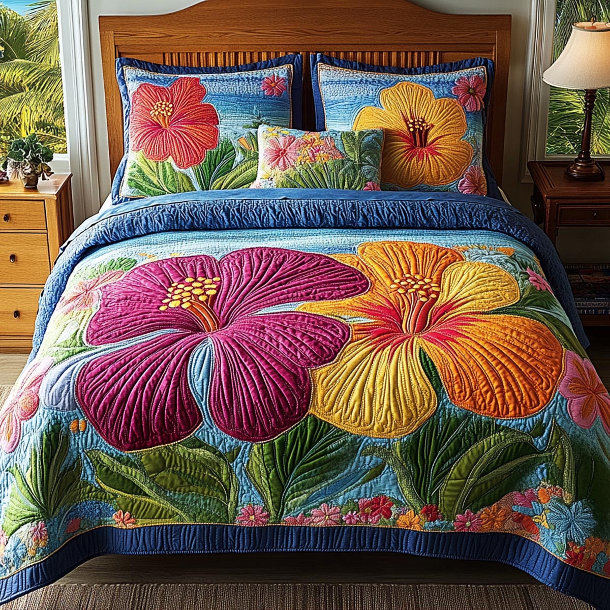 Island Hibiscus 3-Piece Quilted Bedding Set - Single (59" x 70")