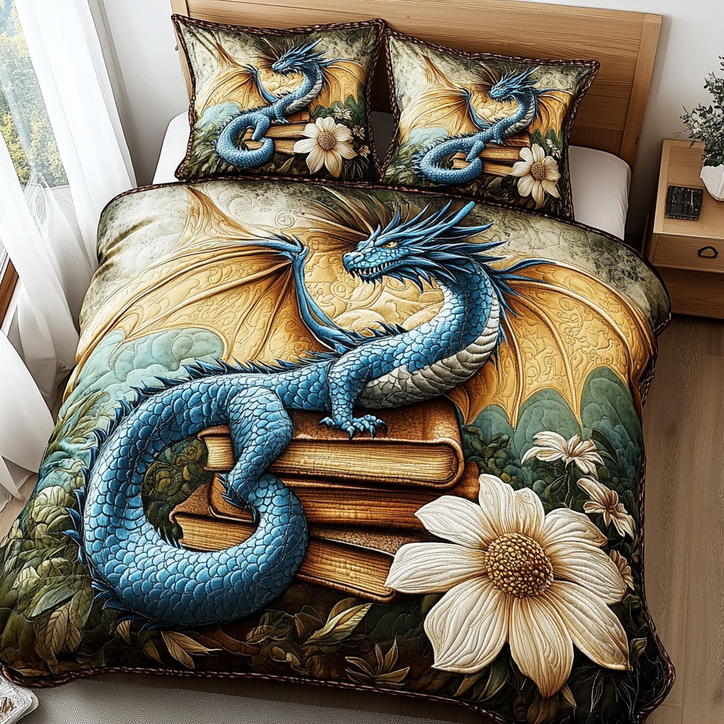 Ivory Bloom Dragon 3-Piece Quilted Bedding Set - Single (59" x 70")