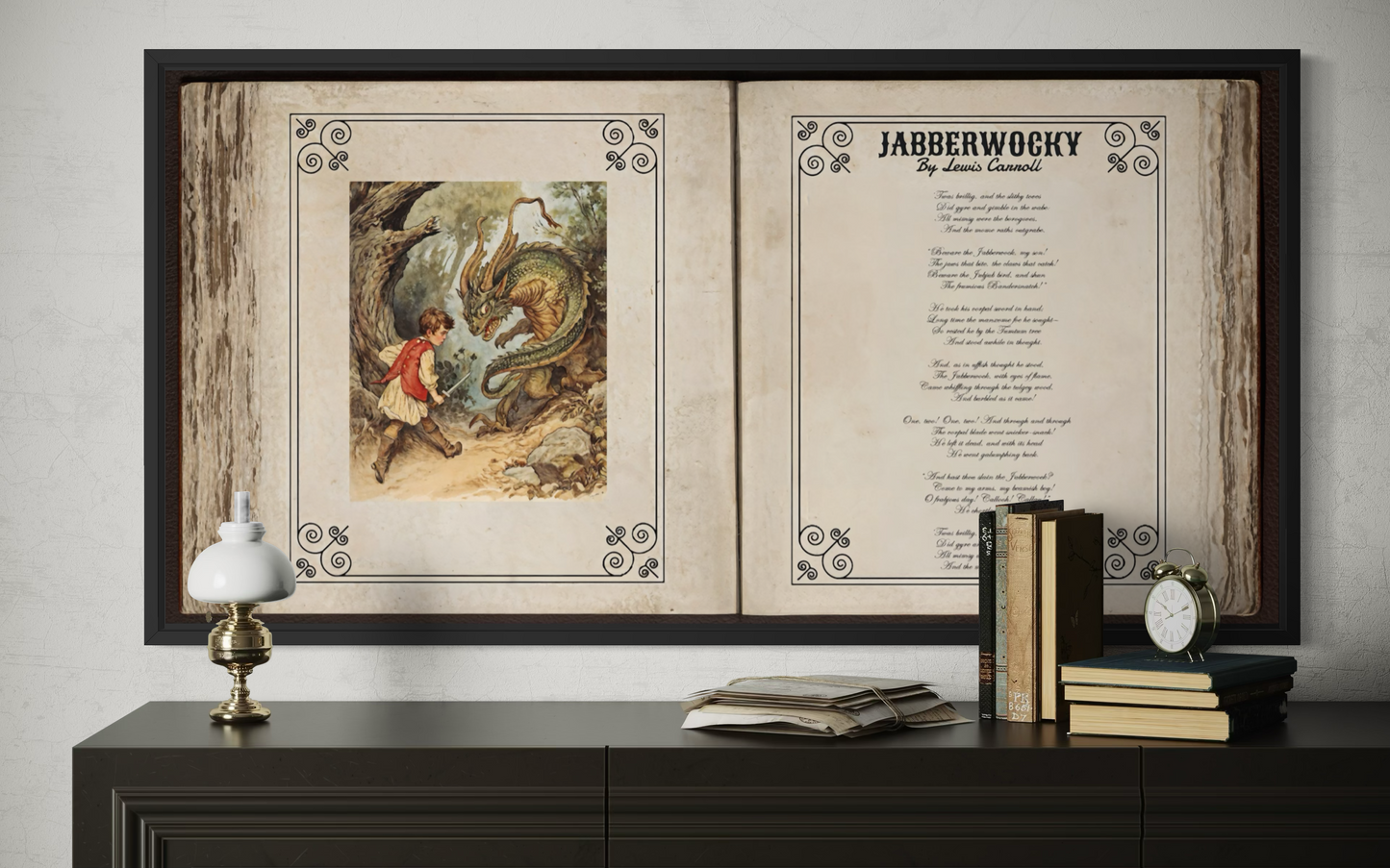 Jabberwocky Poem Wall Art – Vintage Poem Print Canvas for Victorian Library Decor