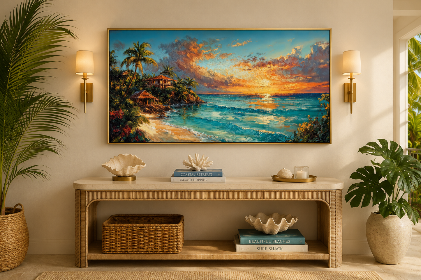 Jamaican Sunset Beach Framed Canvas Wall Art