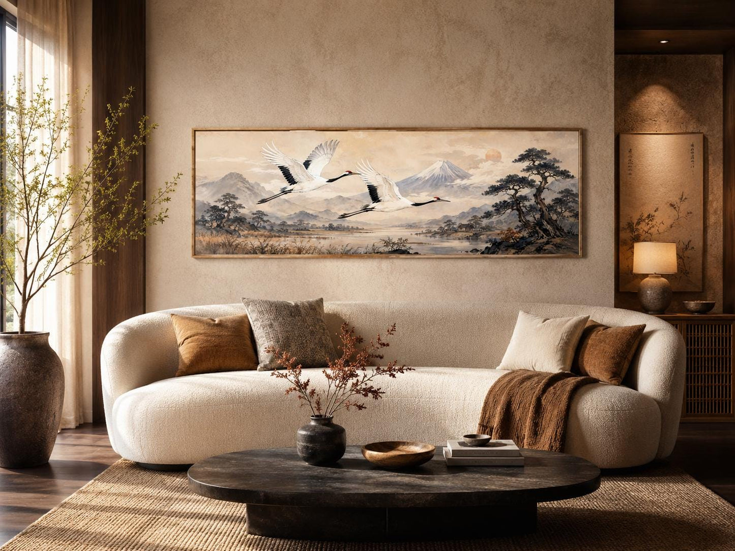 Japanese Watercolor Red Crowned Cranes Over Misty Mountains Zen Bedroom Decor Canvas Wall Art