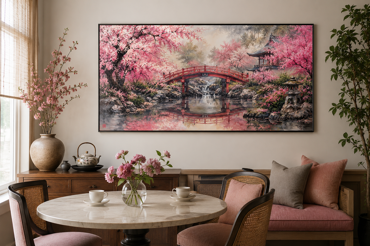 Japanese Cherry Blossom Sakura Garden Framed Canvas Wall Art