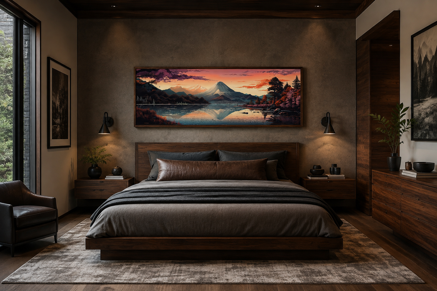 Mt. Fuji And Lake Kawaguchiko Japanese Landscape Horizontal Framed Canvas Wall Art