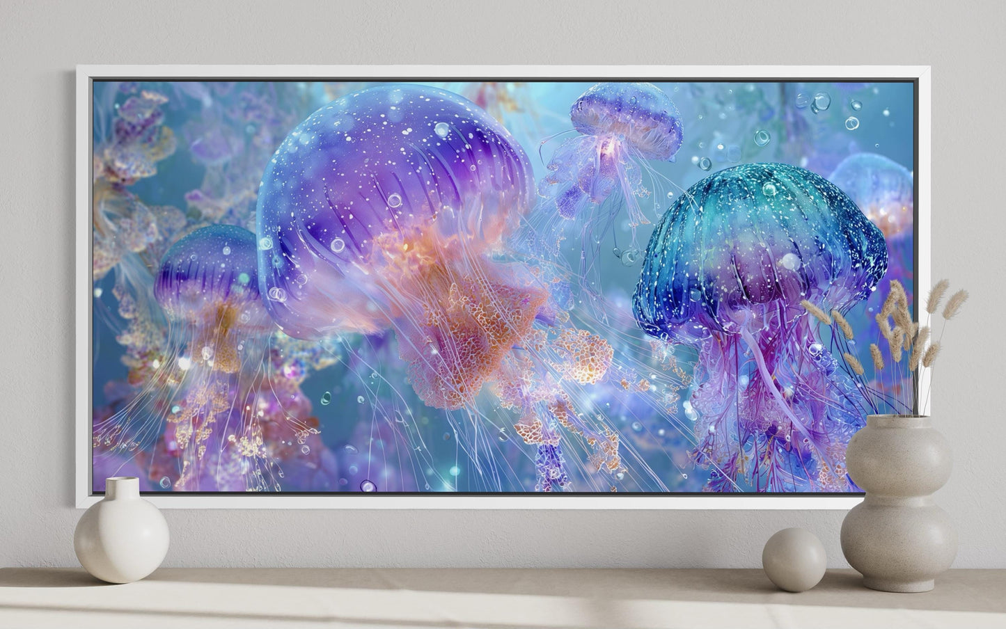 Jellyfish Canvas Wall Art - Colorful Ocean Canvas with Purple Blue Aqua Coastal Decor