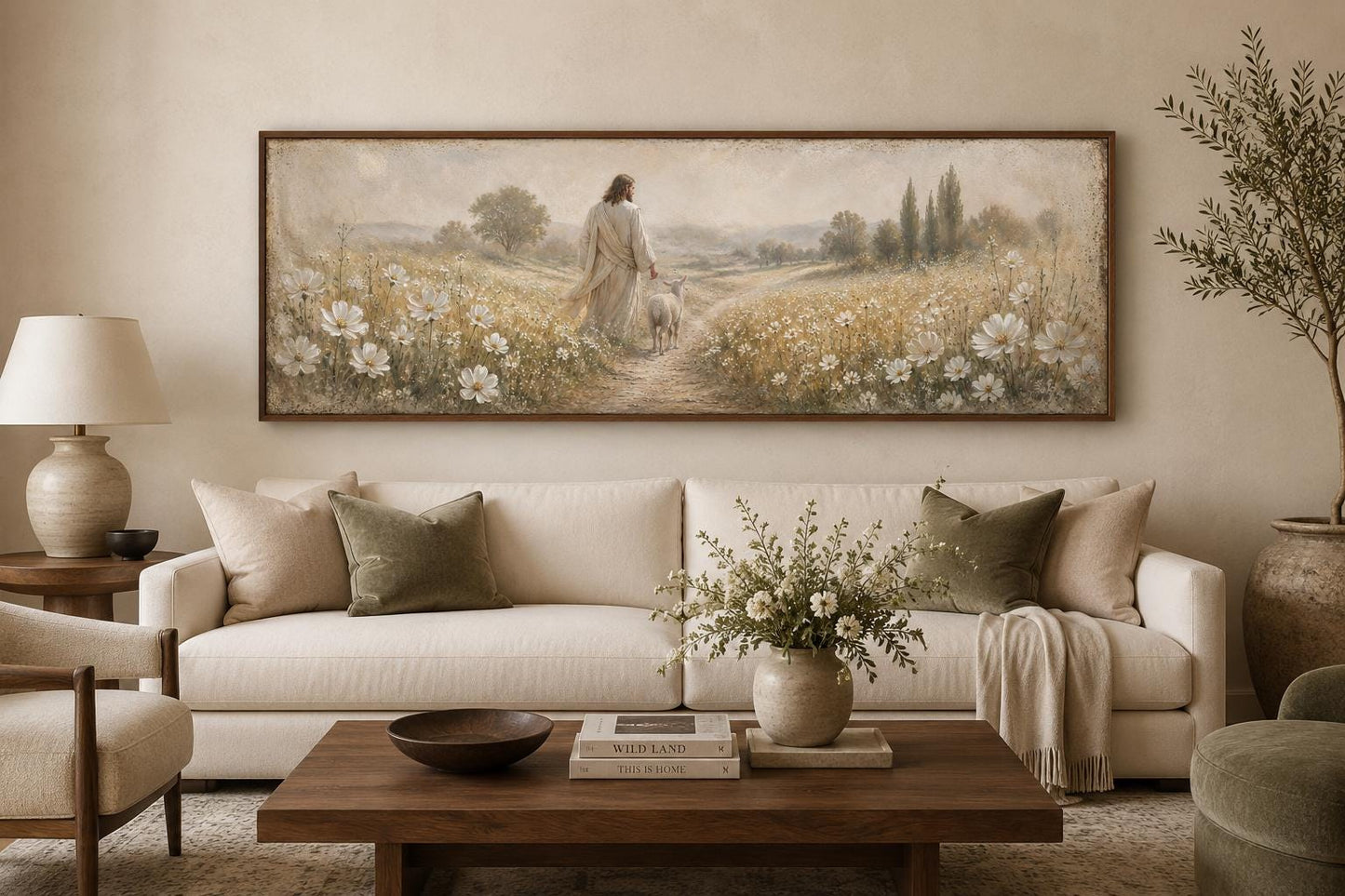 Jesus And Lamb In Wildflower Field Wall Art – Christian Canvas Print | Farmhouse Faith Decor for Living Room