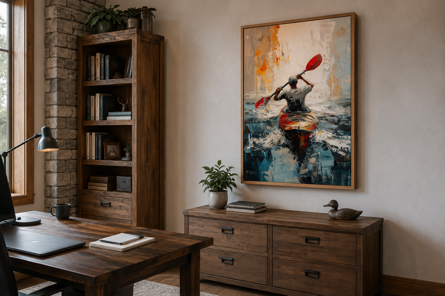 Kayaker In The Lake Abstract Framed Canvas Wall Art For Cabin Decor