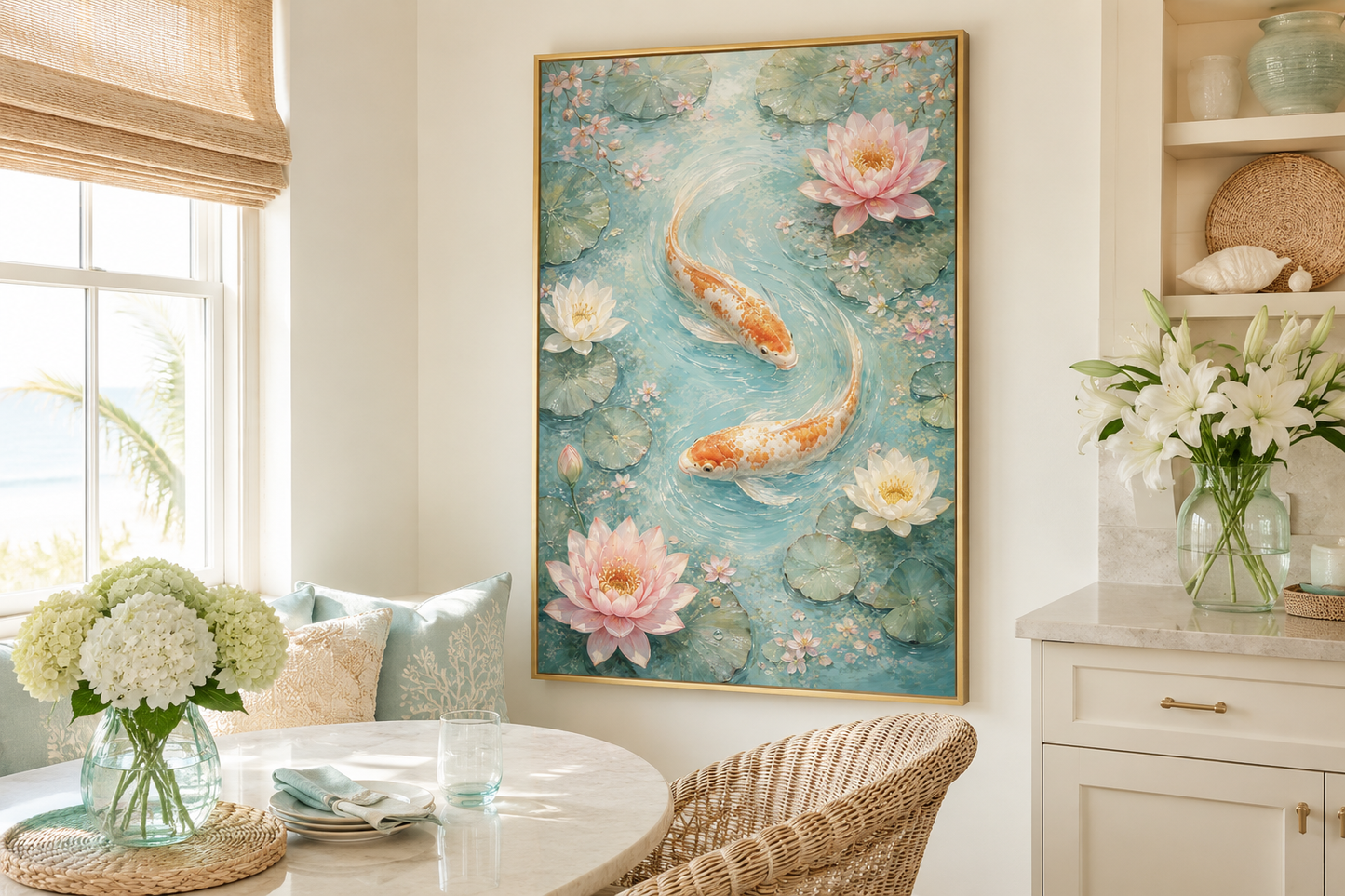 Koi Fish and Water Lilies Vertical Canvas Wall Art For Zen Rooms