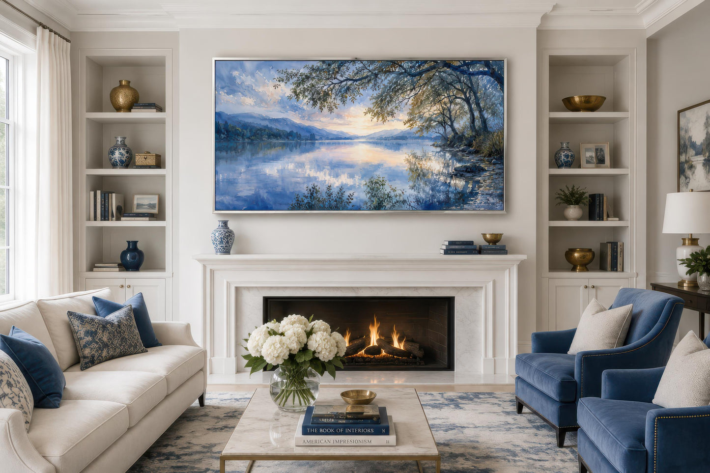 Lake House Wall Art – Blue Lake Painting Framed Canvas Print for Living Room Decor