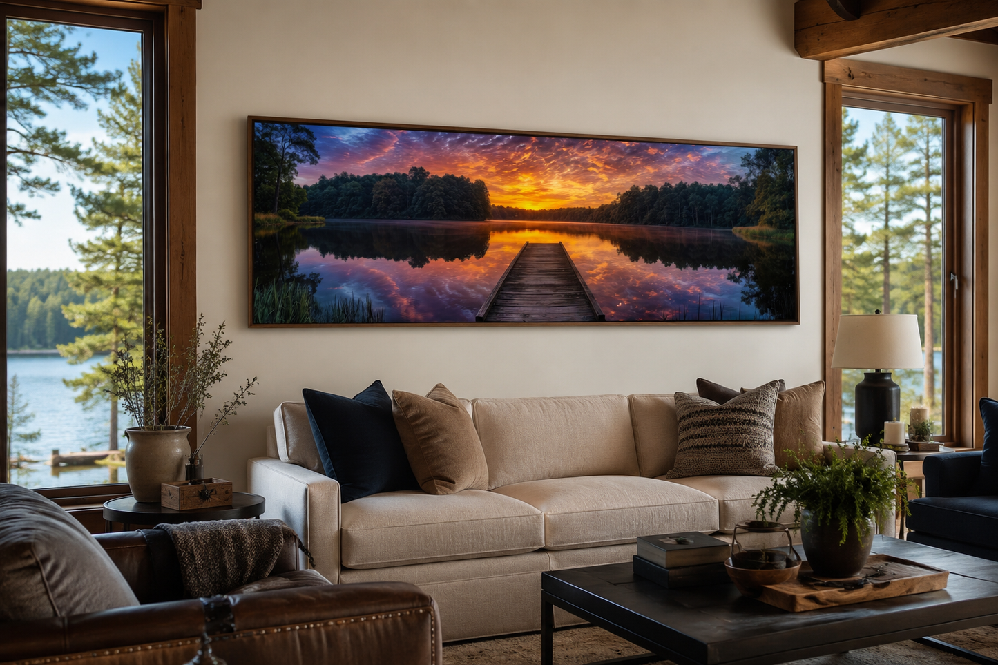 Lake Landscape With Fishing Pier At Sunset Horizontal Canvas Wall Art