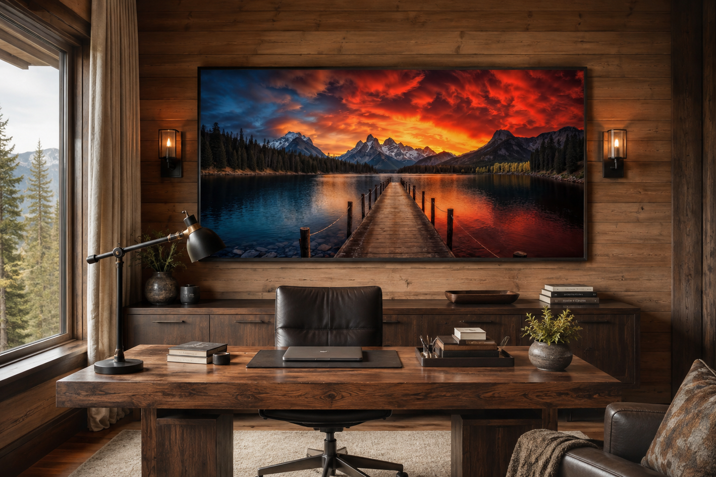 Lake And Fishing Pier Sunset Painting Framed Canvas Wall Art