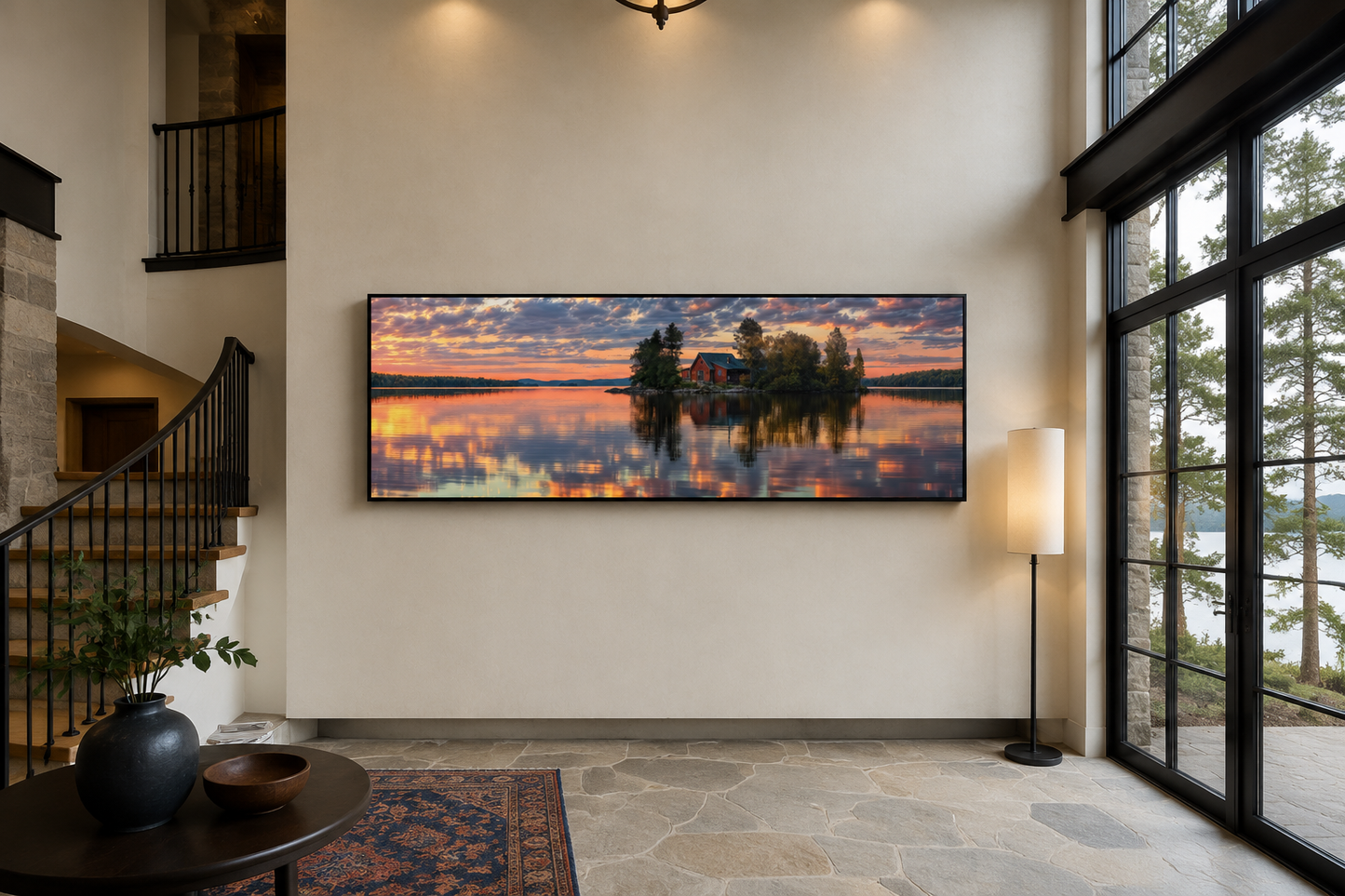 Cabin in The Lake Landscape At Sunset Long Horizontal Framed Canvas Wall Art for Lake House Decor