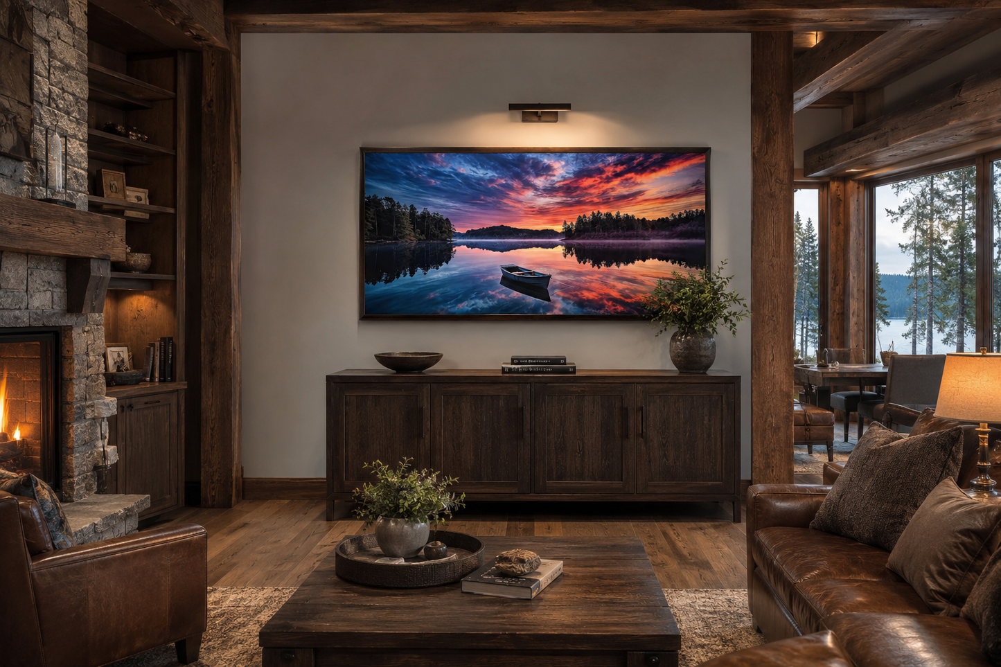 Lake Sunset Wall Art – Framed Canvas Print of Serene Boat Landscape for Lake House Decor