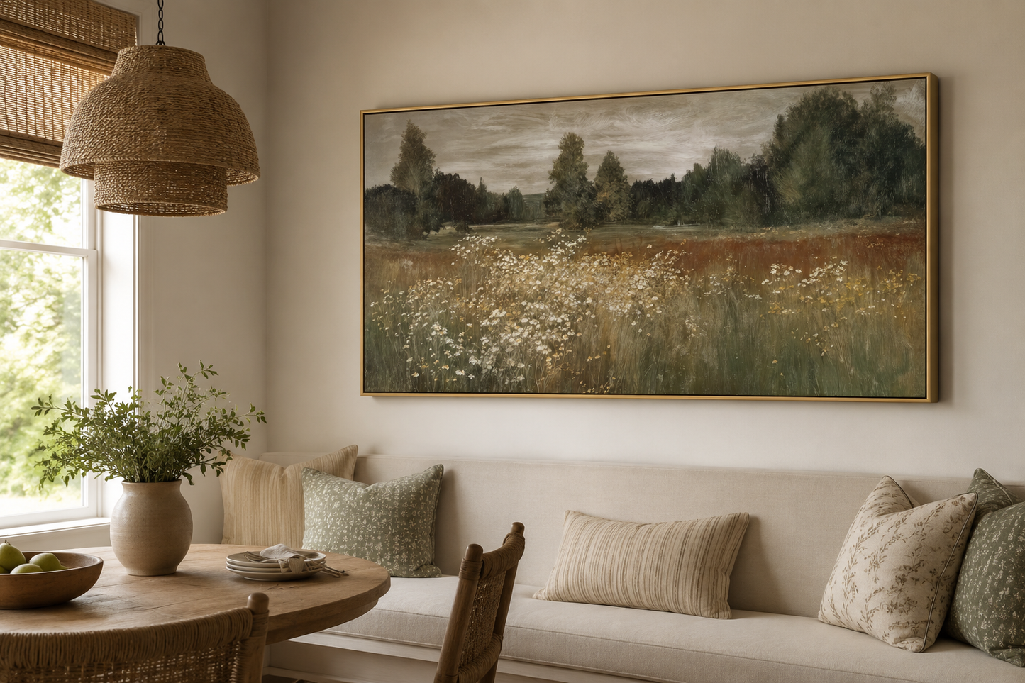 Neutral Wildflower Meadow Wall Art, Field Landscape For Farmhouse Wall Decor