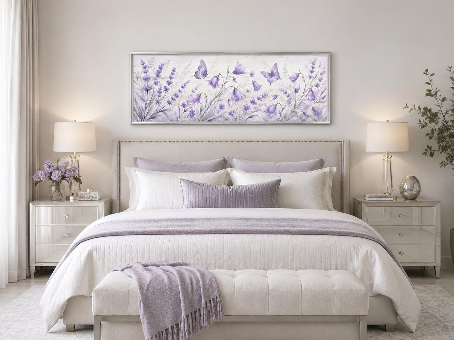 Lavender Bedroom Canvas - Long Horizontal Wildflowers Wall Art with Butterflies