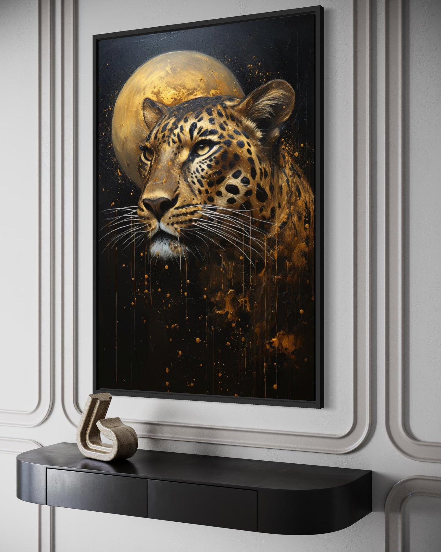 Leopard Wall Art | Moody Wildlife Canvas Print - Gold Black Big Cat Decor