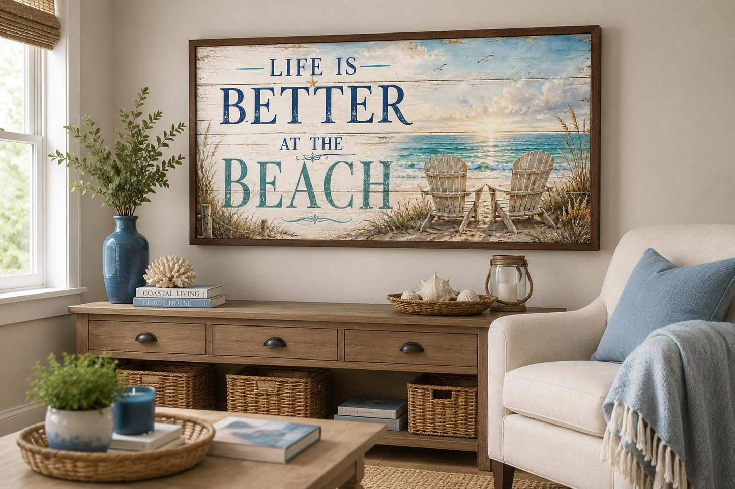 Life Is Better at the Beach Coastal Beach House Sign Canvas Wall Art