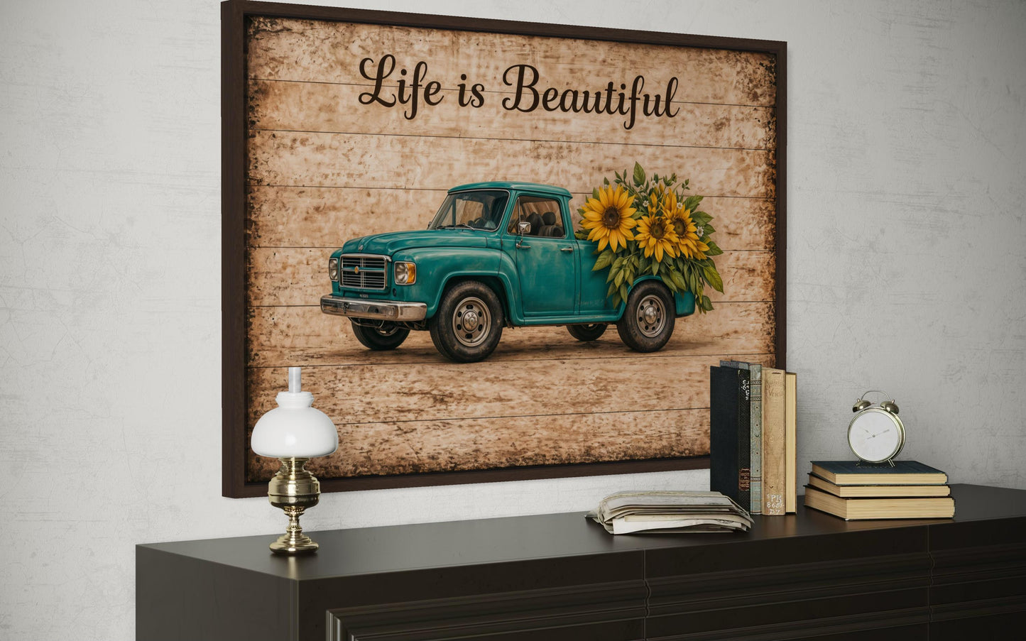 Life is Beautiful Sign With Farm Truck And Sunflowers Canvas Wall Art