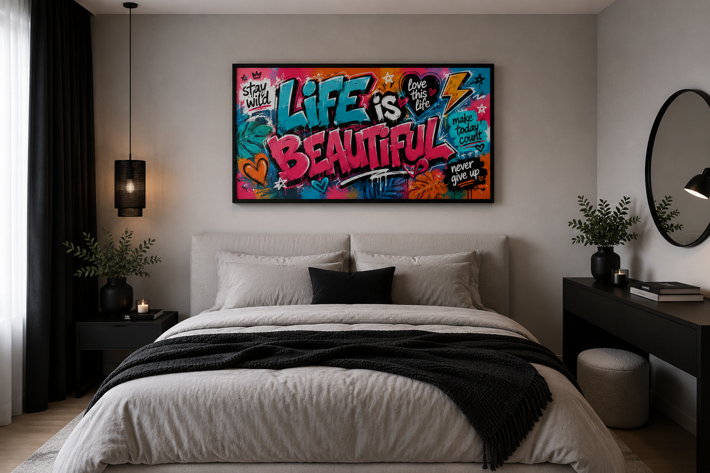 Life Is Beautiful Graffiti Framed Canvas Wall Art - Motivation For Women's Office