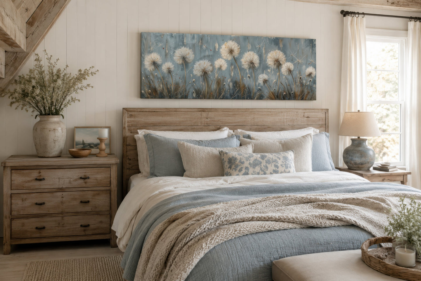 Light Blue Dandelions And Butterflies Horizontal Framed Canvas Wall Art