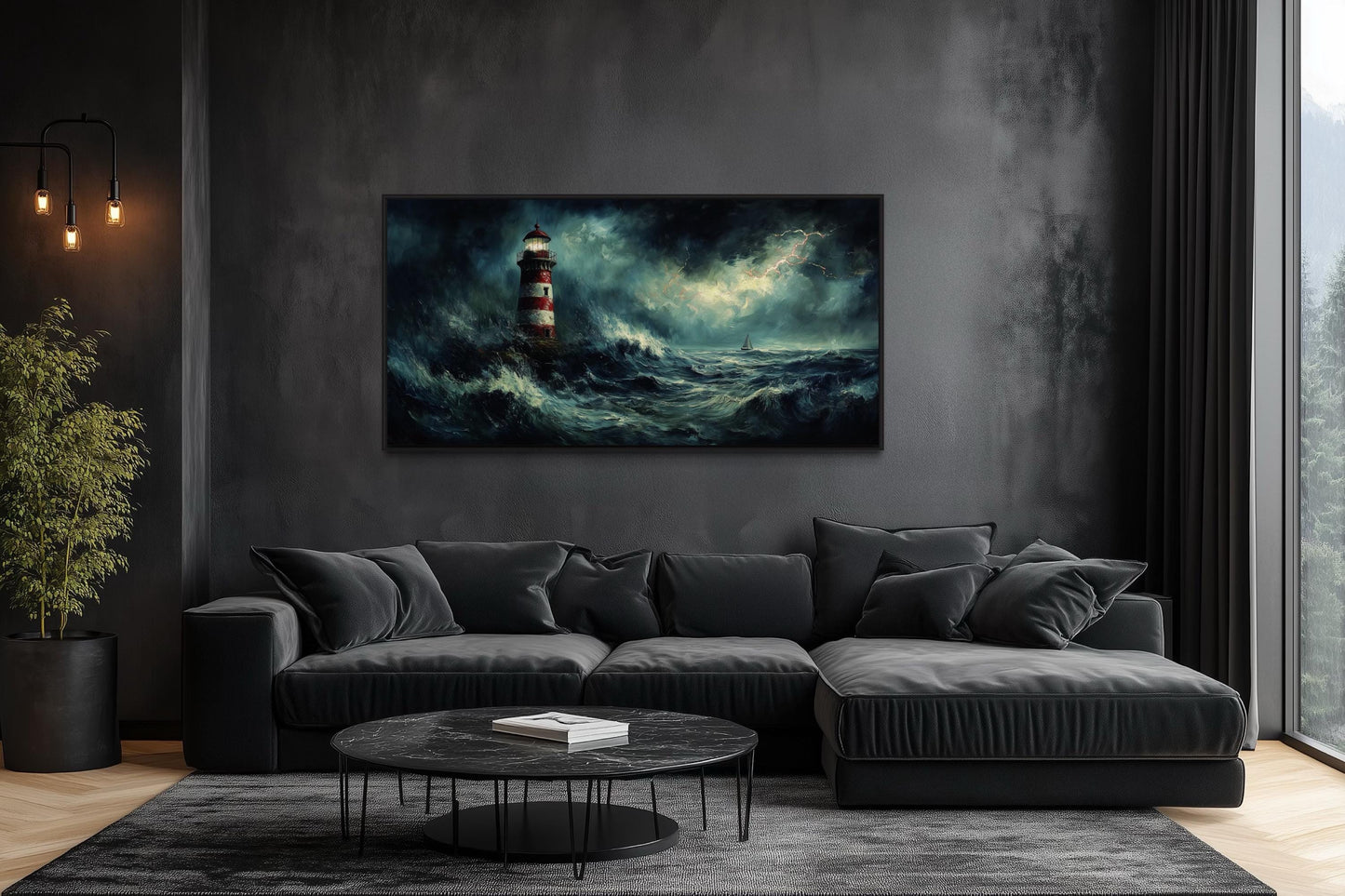 Lighthouse In Stormy Dramatic Ocean Waves Wall Art