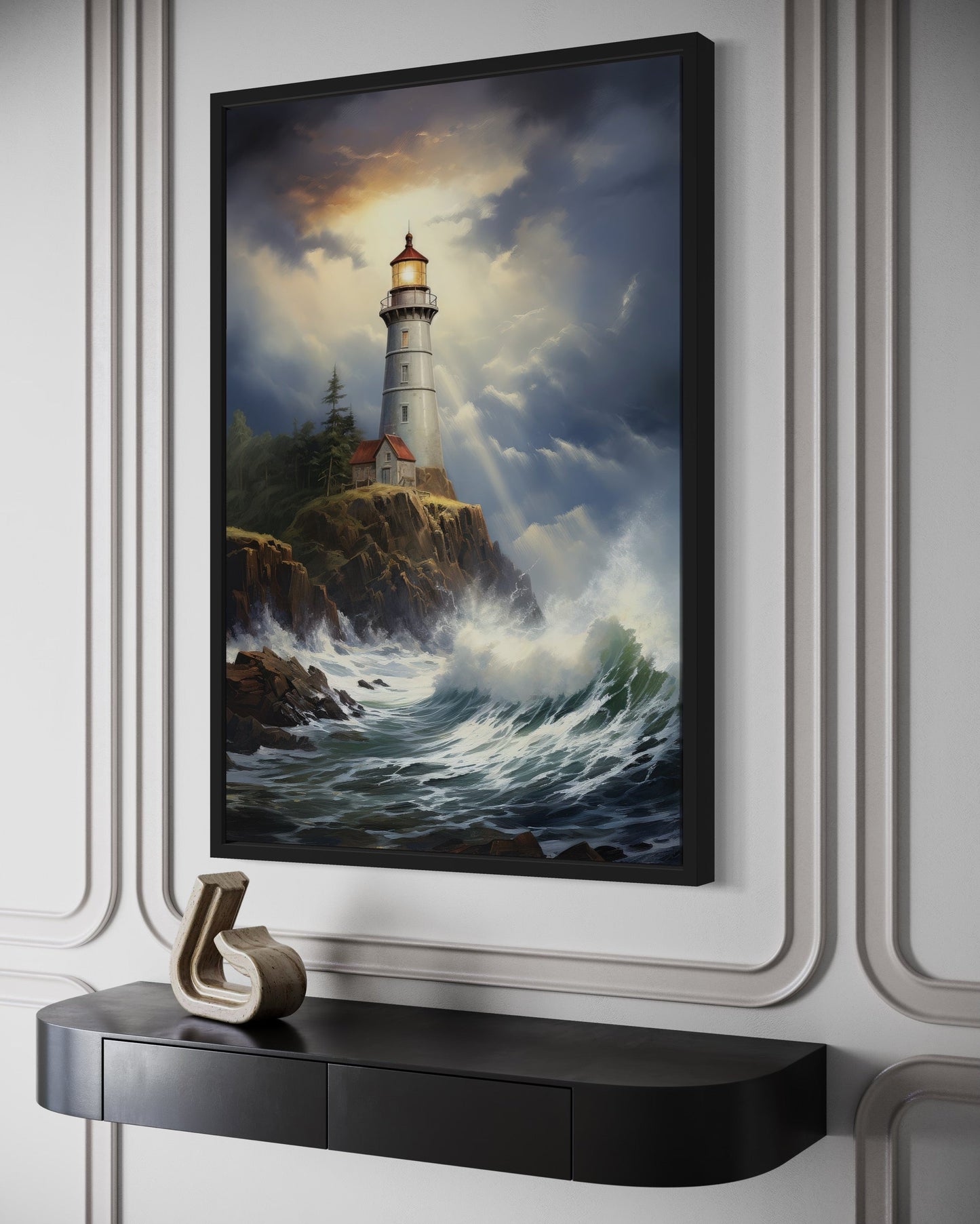 Lighthouse In Stormy Ocean Framed Nautical Canvas Wall Art