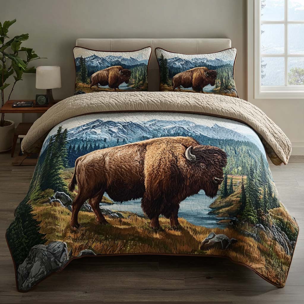 Lodge Bison Scene 3-Piece Quilted Bedding Set - Single (59" x 70")