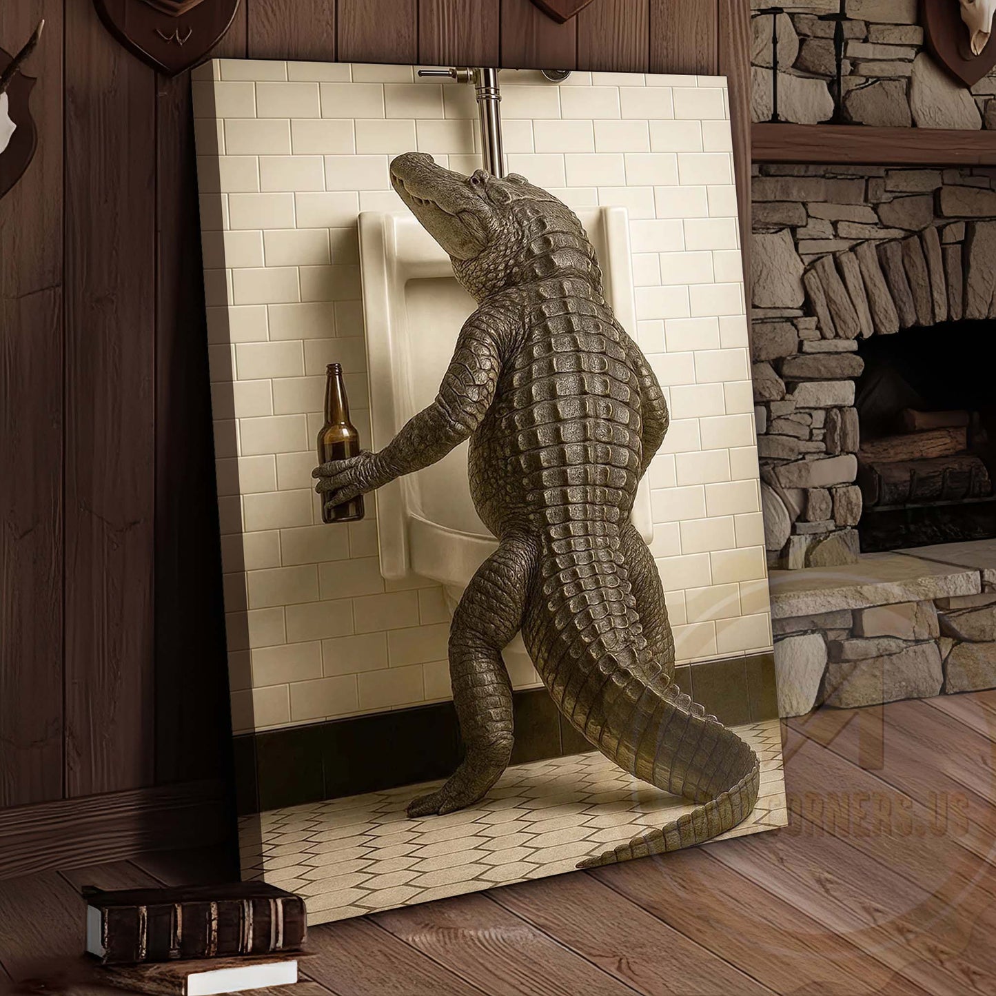 Alligator Holding Beer at Urinal Wrapped Canvas