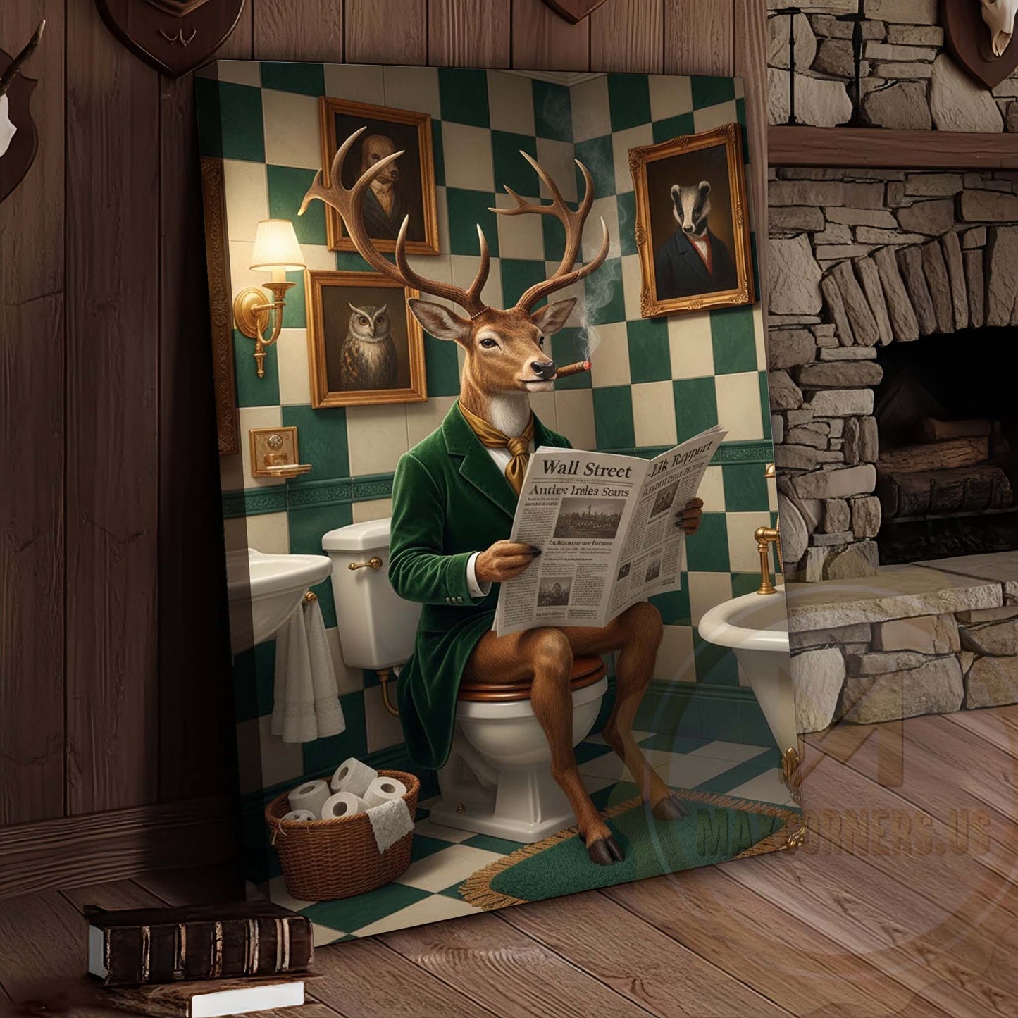 Deer Reading Newspaper in Bathroom Wrapped Canvas