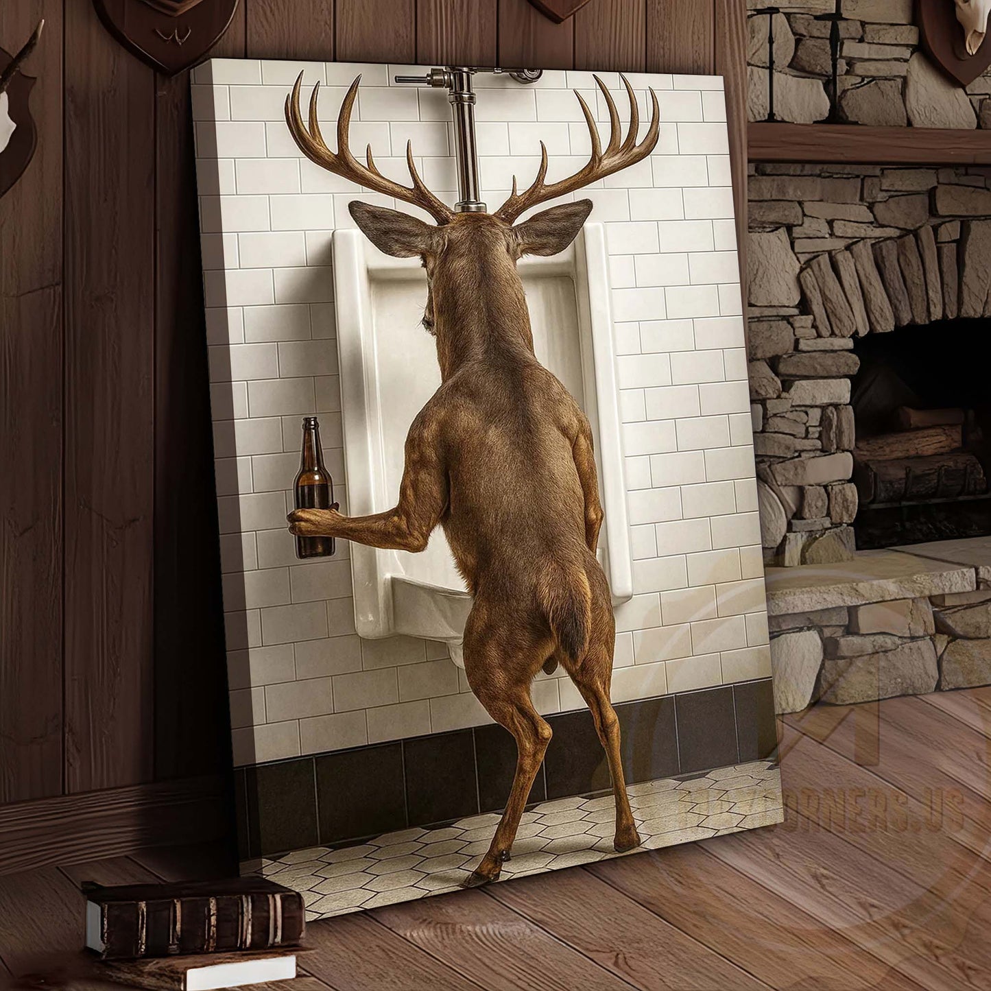 Deer Holding Beer at Urinal Wrapped Canvas Wall Art