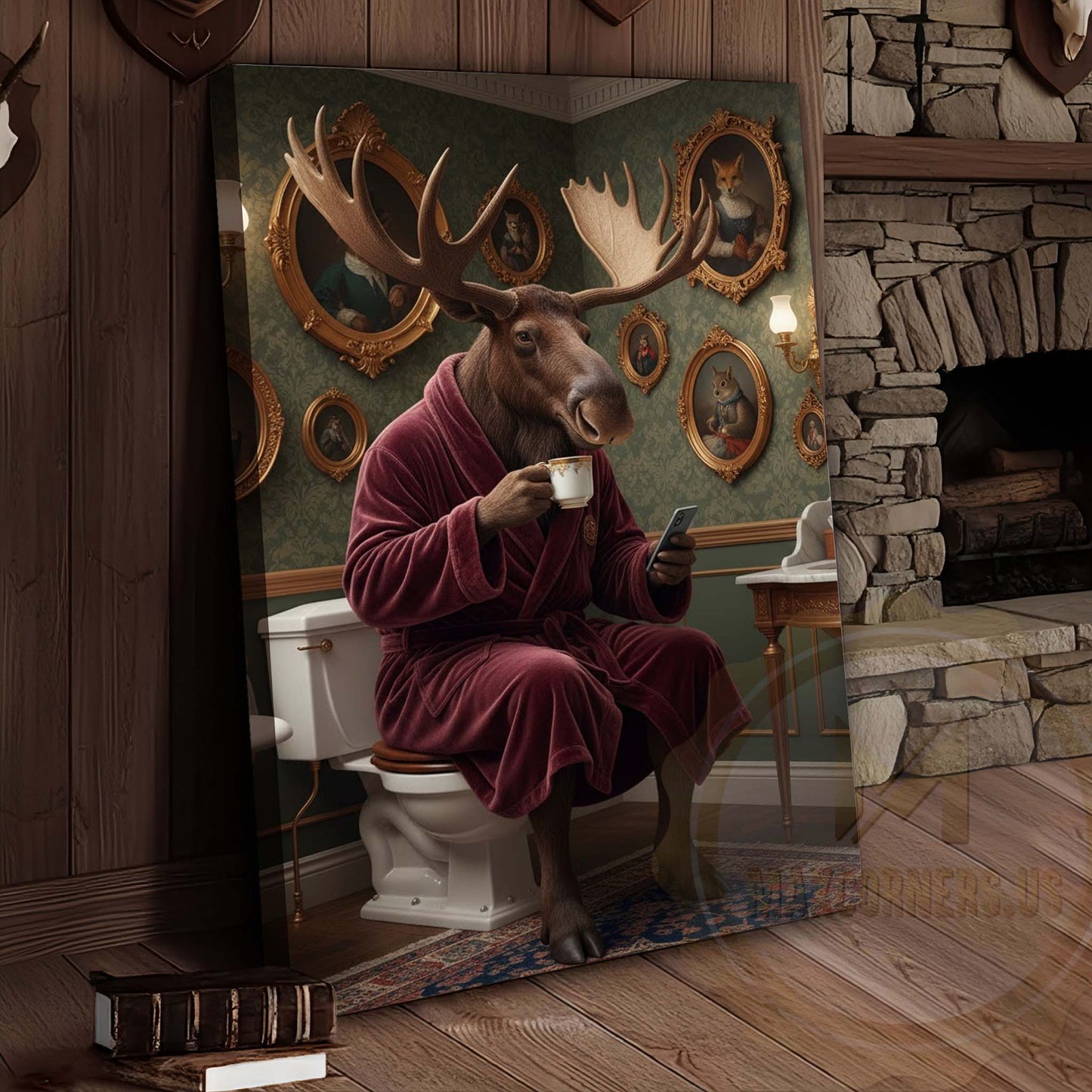 Moose Drinking Coffee on Toilet Wrapped Canvas