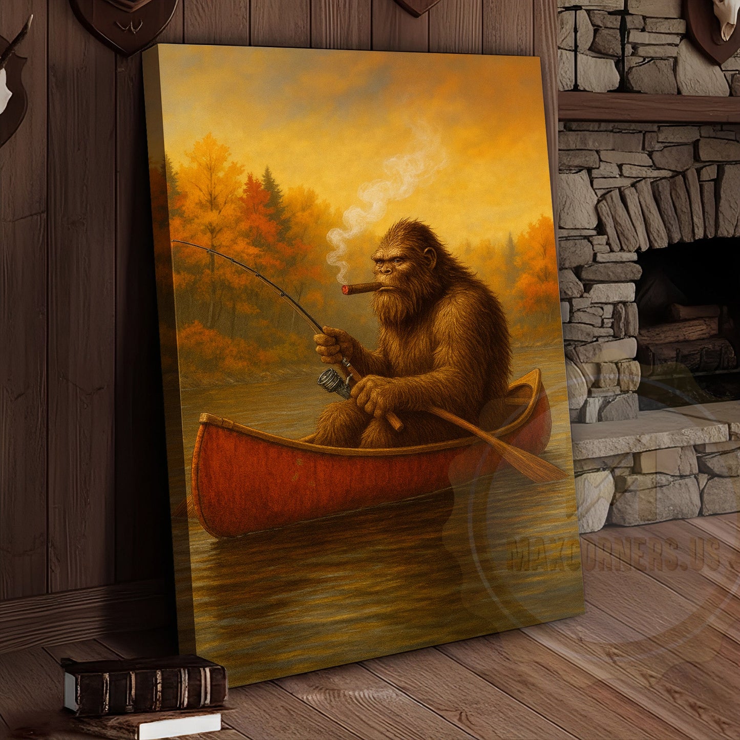 Bigfoot Fishing with Cigar Autumn Lake Rustic Cabin Art Wrapped Canvas