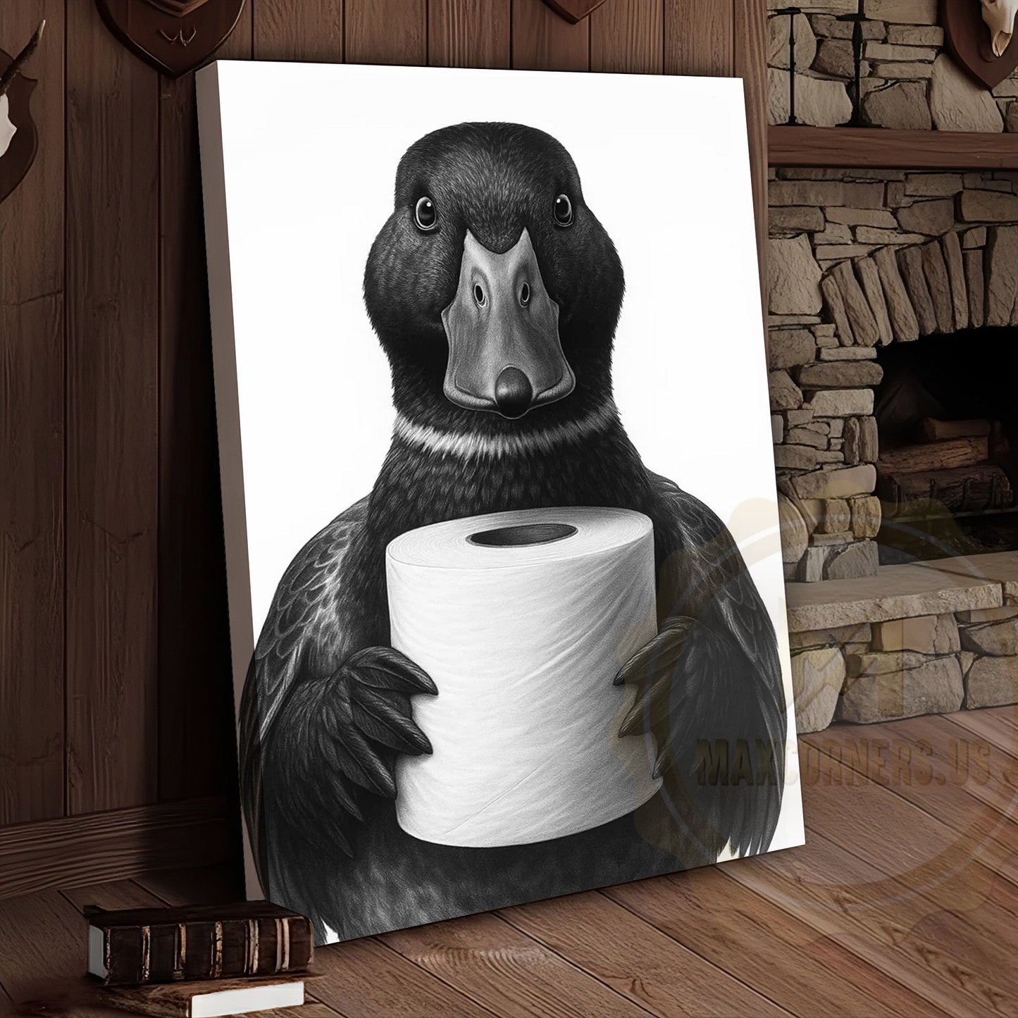 Black and White Duck with Toilet Paper Funny Bathroom Art Wrapped Canvas