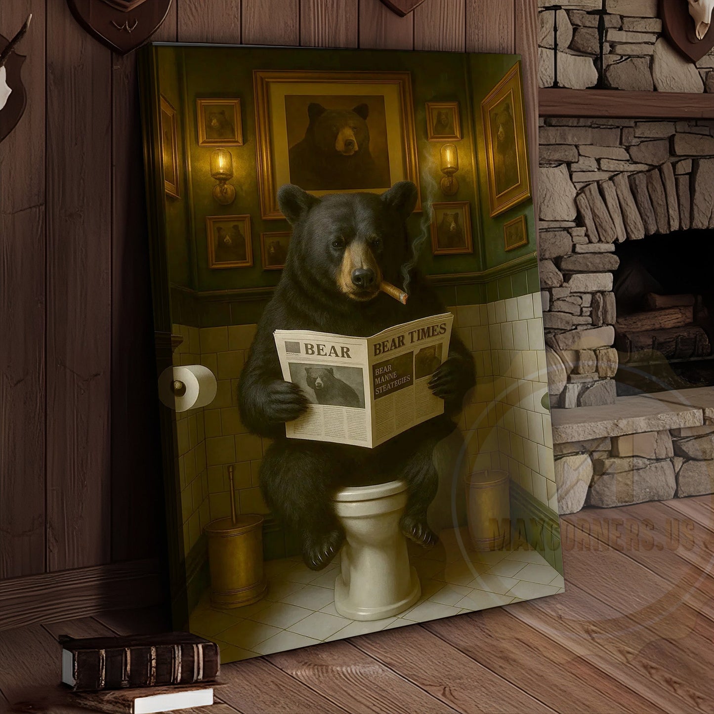 Black Bear Reading Newspaper Bathroom Humor Rustic Art Wrapped Canvas