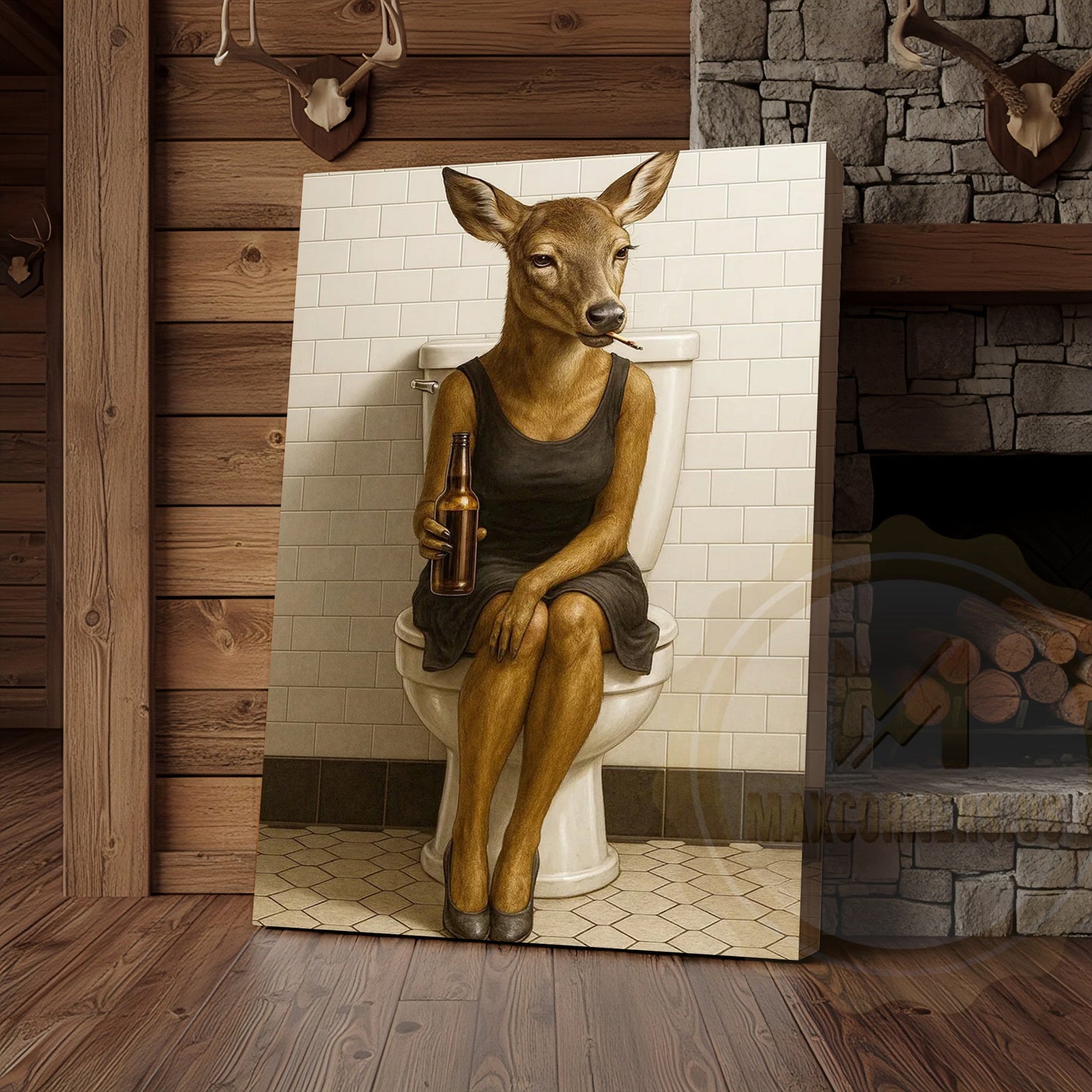 Funny Deer Woman Holding Beer Bathroom Humor Art Wrapped Canvas